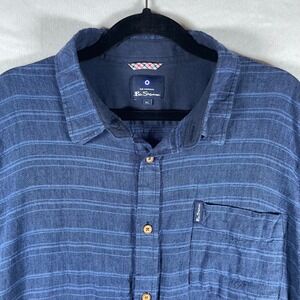linen button down shirt short sleeve striped ben sherman XL blue coastal preppy